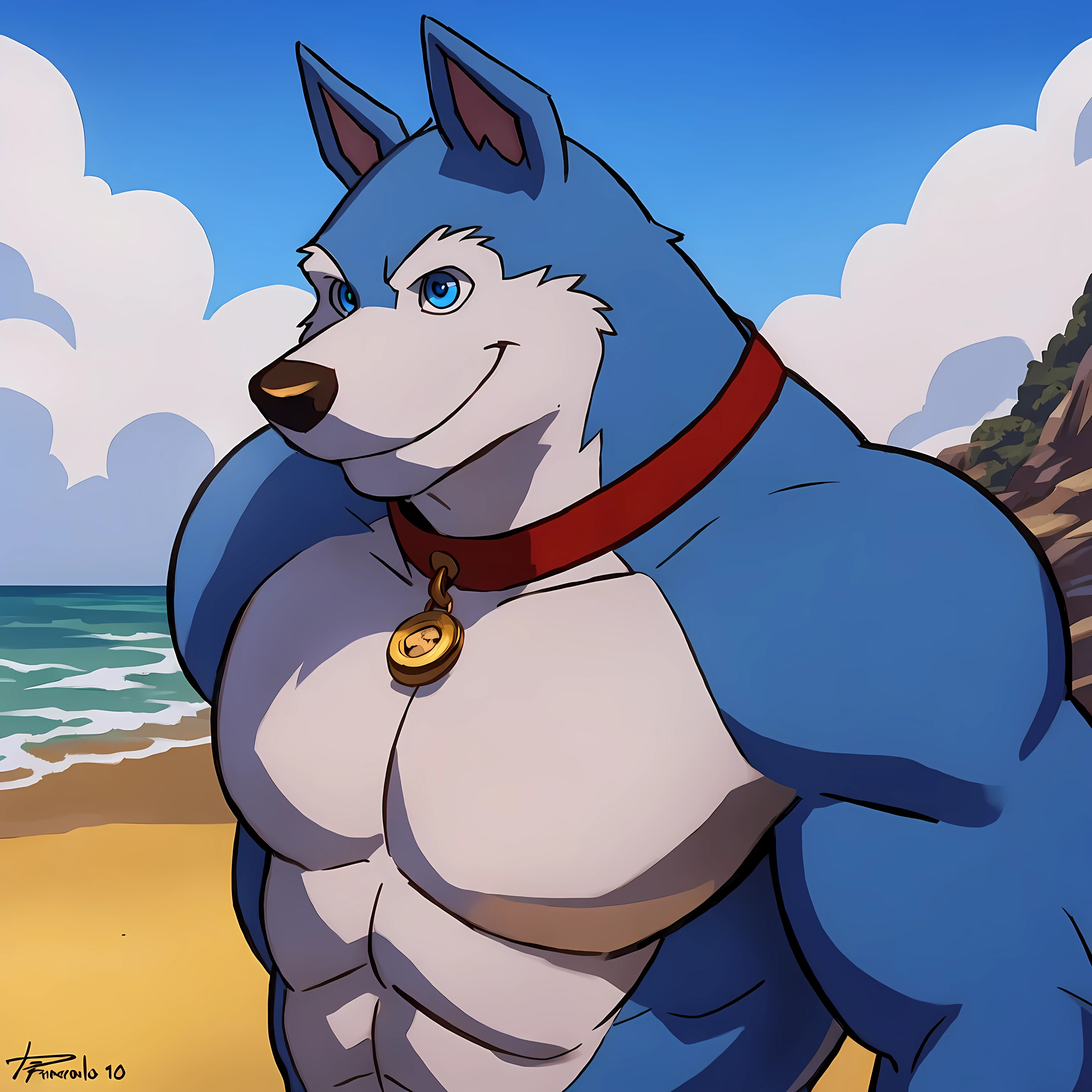 Exile (Road Rovers), blue fur, white fur, anthro, pointy ears, dog, solo, half body, muscular, pectorals, red dog collar, pet tag coin, smile, high quality, best resolution, cel shaded, (blue eyes, detailed eyes):1.1, shirtless, bare chest, beach background, looking at camera, by wfa, by rossciaco, by taran fiddler