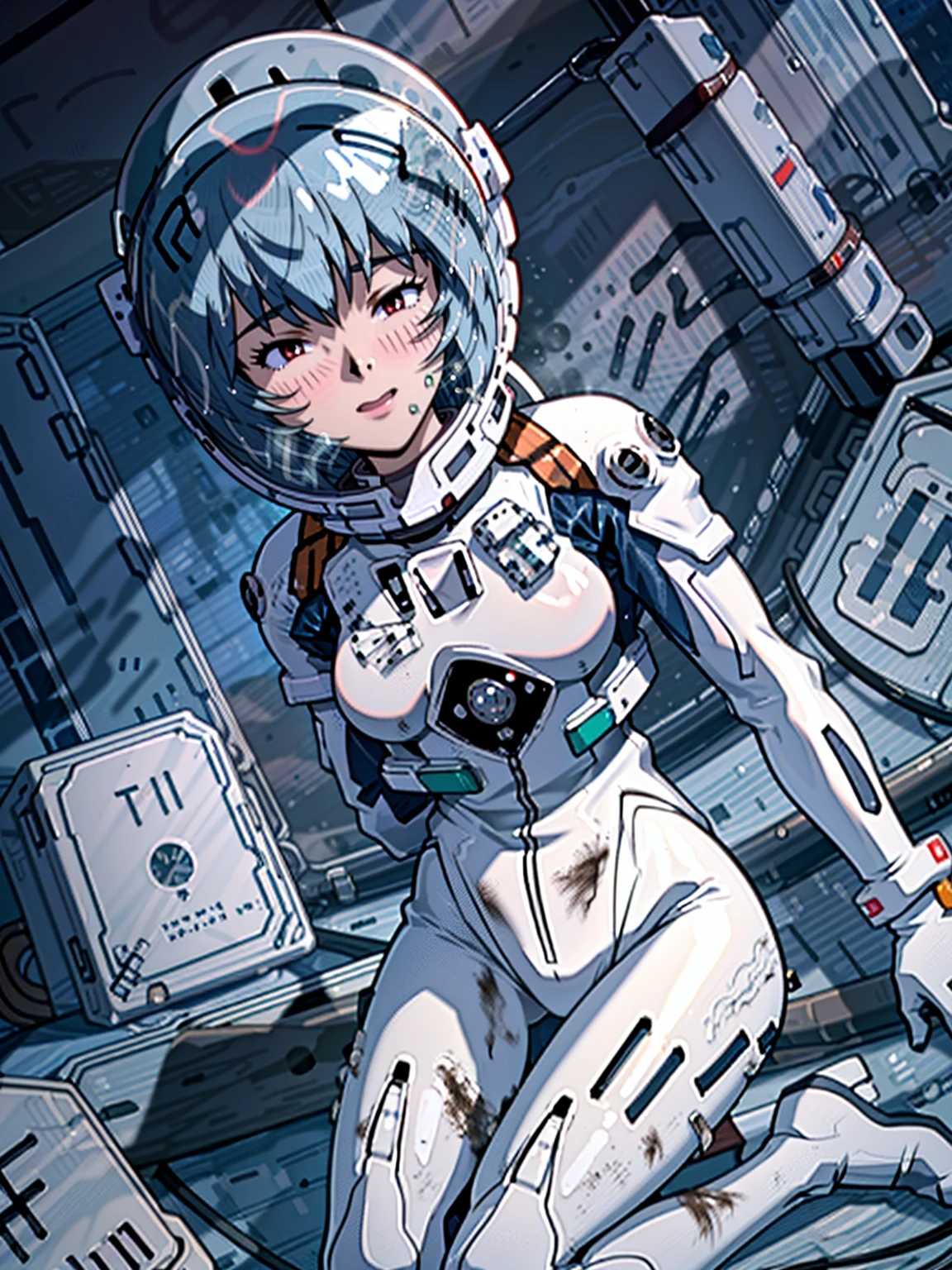 ((Highest quality, 8k wallpaper)),(masterpiece, Highest quality),Very detailed,High resolution,(Official Art:1.3),(((Anime screenshots,Black outline))),One girl,alone, Break mer1,(Rei Ayanami {Neon Genesis Evangelion,}1.2),masterpiece, best quality, outdoor, 1girl, Solo,red eyes,short hair,blue hair, (White plug suit:1.4), skin tight,(Tired look, A look of regret, Struggled, Half-closed eyes, fear, humiliation, Frightened, anxiety:1.3),(((Covered in sweat, Mass sweat, Sweating profusely,steam:1.7))), (kneeling, hands on floor:1.8), (Dirty Costume with mud,gym storeroom:1.5)(((sweat,Sweatdrop,flying Sweatdrops, sweating profusely,wet,wet clothes,wet hair,messy hair))),(((space helmet:1.4))),
