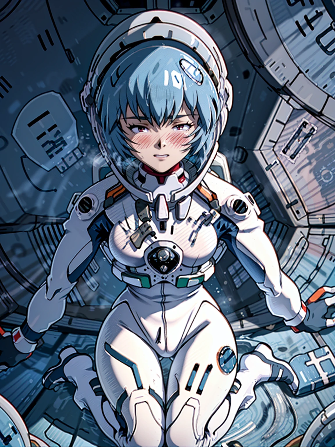 ((Highest quality, 8k wallpaper)),(masterpiece, Highest quality),Very detailed,High resolution,(Official Art:1.3),(((Anime screenshots,Black outline))),One girl,alone, Break mer1,(Rei Ayanami {Neon Genesis Evangelion,}1.2),masterpiece, best quality, outdoor, 1girl, Solo,red eyes,short hair,blue hair, (White plug suit:1.4), skin tight,(Tired look, A look of regret, Struggled, Half-closed eyes, fear, humiliation, Frightened, anxiety:1.3),(((Covered in sweat, Mass sweat, Sweating profusely,steam:1.7))), (kneeling, hands on floor:1.8), (Dirty Costume with mud,gym storeroom:1.5)(((sweat,Sweatdrop,flying Sweatdrops, sweating profusely,wet,wet clothes,wet hair,messy hair))),(((space helmet:1.4))),
