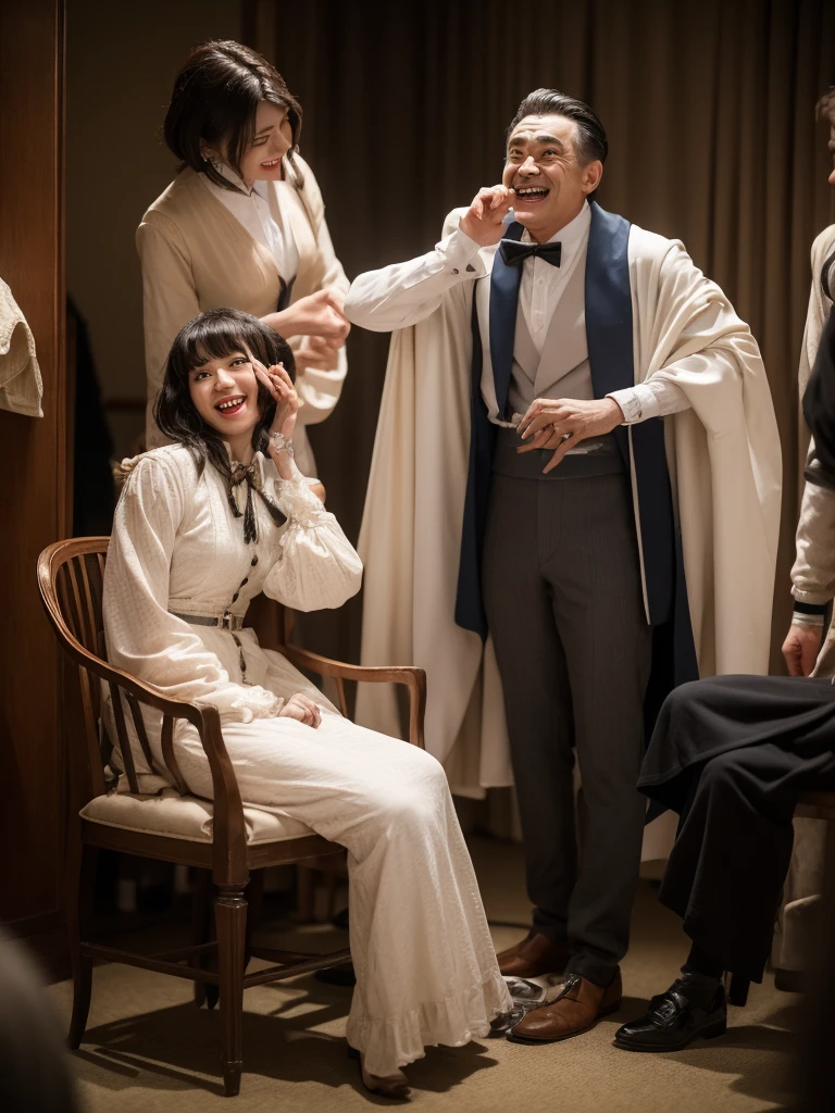 (​masterpiece、top-quality、hight resolution、Unity 8k Wallpaper、extremely details CG:1), In a brightly lit backstage area filled with costumes and props, the cast of the B-movie relaxes and interacts. The enemy actor, known for his fearsome on-screen presence, is seen nervously adjusting his costume. The protagonist, usually seen as a determined explorer, lounges lazily on a chair, looking unmotivated. The actress playing the heroine, who typically exudes elegance, is caught in a candid moment showing her more boisterous and carefree side. The skeletal butler, whose costume is elaborate and imposing, is being assisted by the crew as they adjust his suit. Meanwhile, the advisor actor, despite his in-movie role as a partially embedded figure, is laughing heartily with the crew, his jovial nature evident. The atmosphere is one of camaraderie and behind-the-scenes fun.