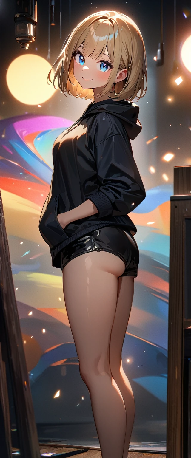 (((One girl))), Shibuya, blond hair, bob cut, ((face in focus)), (looking at viewer), breasts, ager, head tilt:1.3, (((blue eye))), constricted pupils, (from side), hand in pocket, cleavage, ((happy smile)), black hoodie:1.3, black shorts:1.3, anime style, (best quality, 4k, 8k, highres, masterpiece:1.2, ultra-detailed, ultra-detailed eyes, HDR, UHD, studio lighting, ultra-fine painting, sharp focus, physically-based rendering, extreme detail description, professional, vivid colors, bokeh)