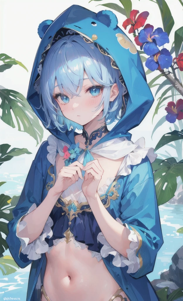 (masterpiece), (best quality), (ultra detailed), (Chongyun), upper body, blushing, sexy look, tropical flowers, a pond, flat chest, blue eyes, short hair, detailed hair, close up, cute bear costume, hood up