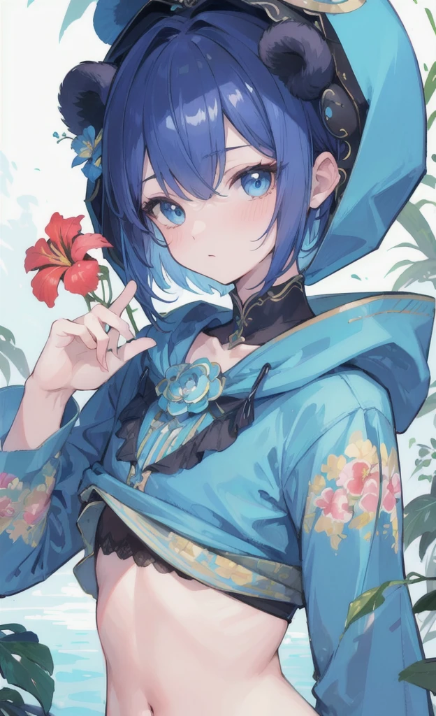 (masterpiece), (best quality), (ultra detailed), (Chongyun), upper body, blushing, sexy look, tropical flowers, a pond, flat chest, blue eyes, short hair, detailed hair, close up, cute bear costume, hood up