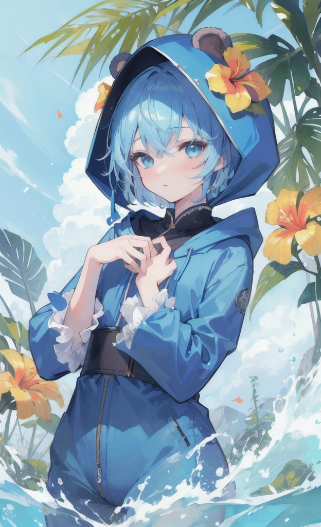 (masterpiece), (best quality), (ultra detailed), (Chongyun), upper body, blushing, sexy look, tropical flowers, a pond, flat chest, blue eyes, short hair, detailed hair, close up, cute bear costume, hood up