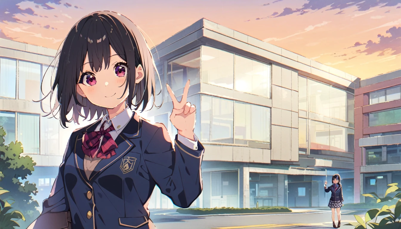A girl in a blazer uniform, with short black hair, a checkered skirt and brown loafers, standing smiling and making a peace sign, from head to toe、In front of the school building at dusk