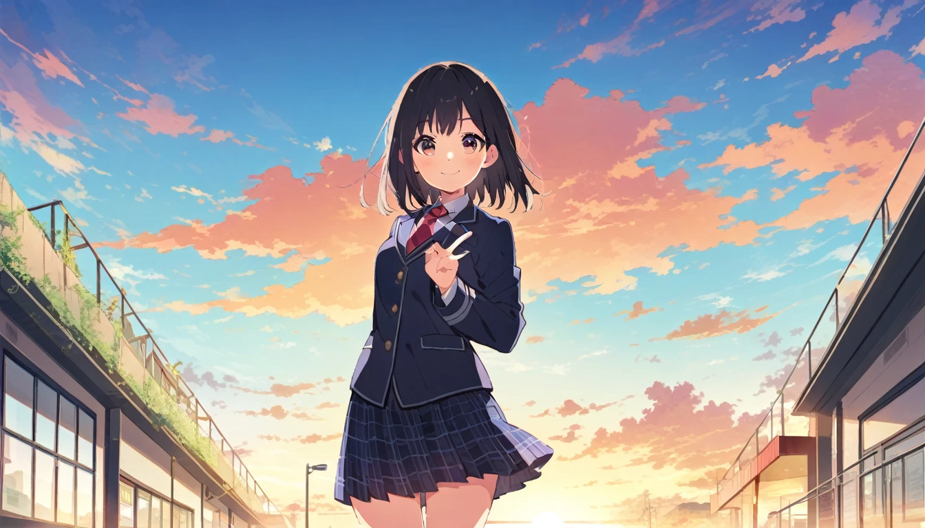 A girl in a blazer uniform, with short black hair, a checkered skirt and brown loafers, standing smiling and making a peace sign, from head to toe、In front of the school building at dusk