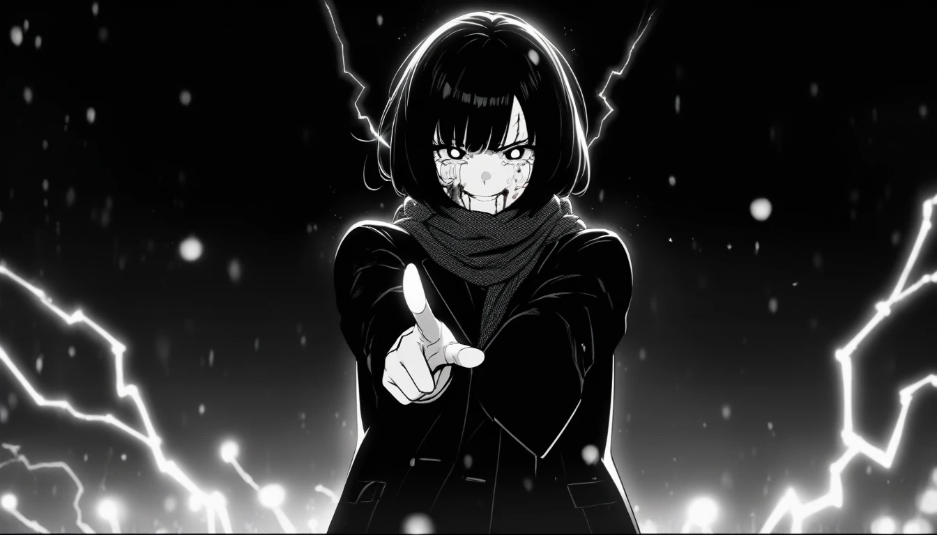 masterpiece, best quality, 1girl, momose_(oqo) official art, misaki kurehito official art, grayscale, manga style, japanese, chi no wadachi, black eyes, glowing white pupils, street, iced, black hair, schoolbag, smile, crying, tears, tears streaming, blood, blood_from_mouth, bruise, nosebleed, lineart, face against the ground, looking at viewer, blood on face, black coat, black scarf, 35 years old, mature_female:1, tall, fair skinned, bokeh background, streaming, bob cut, light particles, centered, snowing, emotional anime scene, (very aesthetic, best quality, ultra detailed), intricate details, red and blue lights flashing, camera glare, finger_gun, pointing at viewer