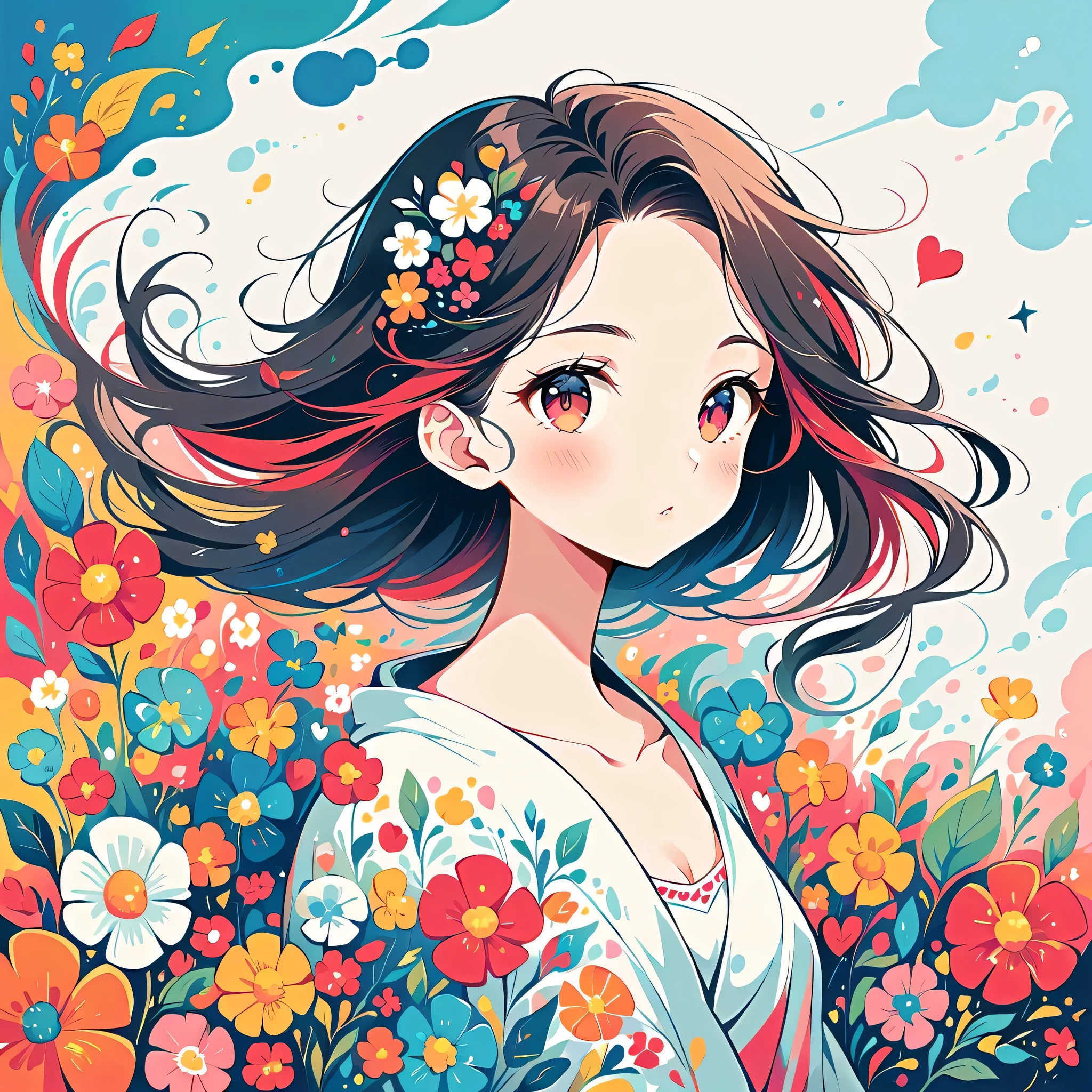 Black Star Red and White style, Simple Line Initialism,Abstract art,Urban Background, colorful hearts ,colorful flowers, (((The most beautiful girl of all time))), best smle