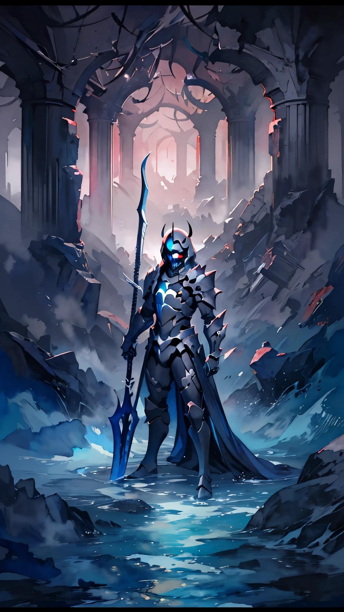 (masterpiece:1.2),(Highest quality),(Very detailedな),(Ultra-high resolution),8K,Vast landscape photography,(watercolor),(The Abyss Knight stands),Abyssal Sword,Abyssal Armor,Abyssal Shield,(One person: 1.5),Very detailed,The background is a gradient of black, blue and grey,Very deep darkness,The darkness of the human heart