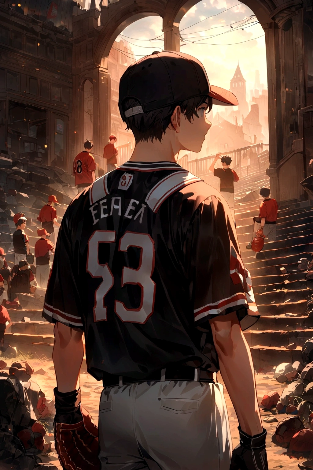 Boys，Attractive temperament，Baseball uniforms，Crooked baseball cap，Please wear a baseball glove on your right hand，Baseball glove in left hand，Back view，court，youth，evening，Number 58