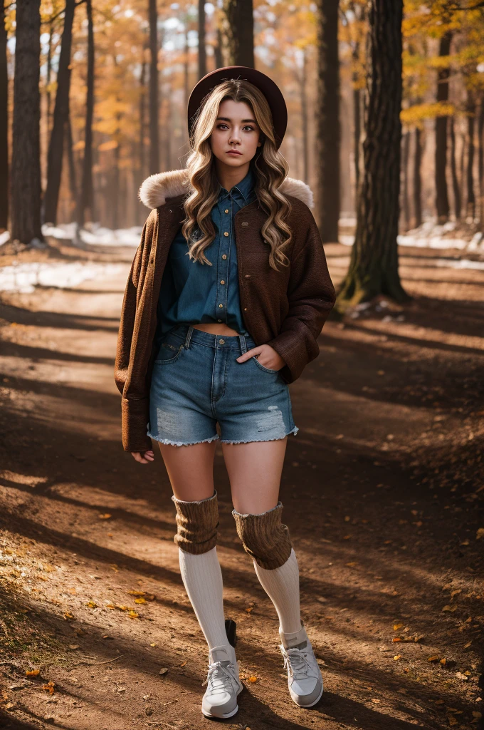r0selesli,Full length woman, in a medieval fur button-down shirt and denim shorts, sneakers and long socks on feet, autumn forest, snow, (golden hour:0.5)