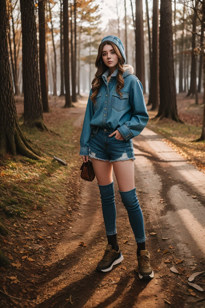 r0selesli,Full length woman, in a medieval fur button-down shirt and denim shorts, sneakers and long socks on feet, autumn forest, snow, (golden hour:0.5)