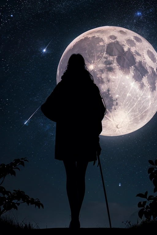 Highest quality,Big moon and shadow,A silhouette of a person can be seen against the backdrop of a large moon.,There is one full moon,There is a mood,Beautiful scenery,Starry Sky