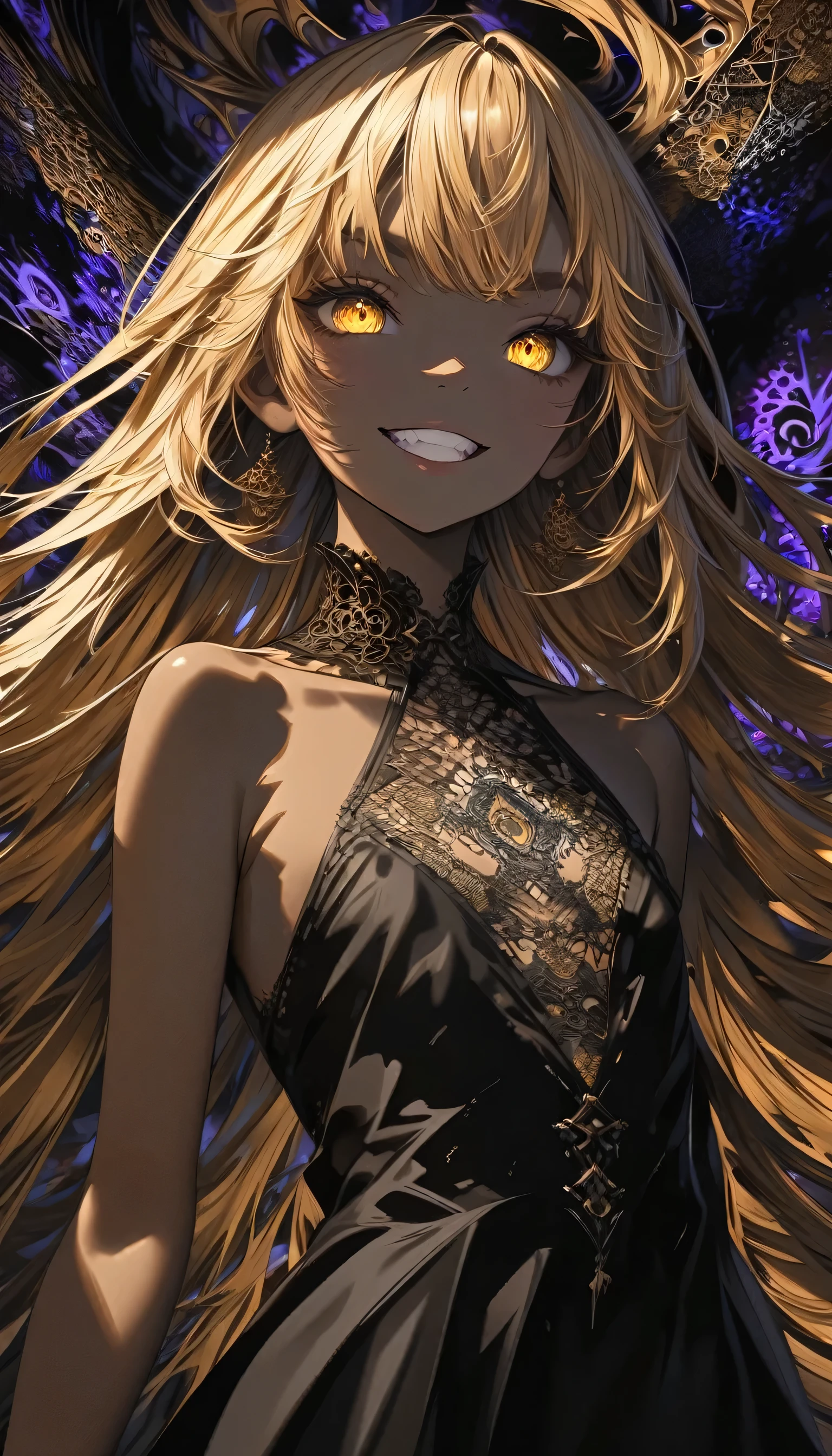 One girl, golden hair, very long hair, golden eyes, grin, dark skin, black gothic dress with large slit, bare shoulders, flat chest, fractal art, zentangle art, black aura, very high quality, very fine detail,