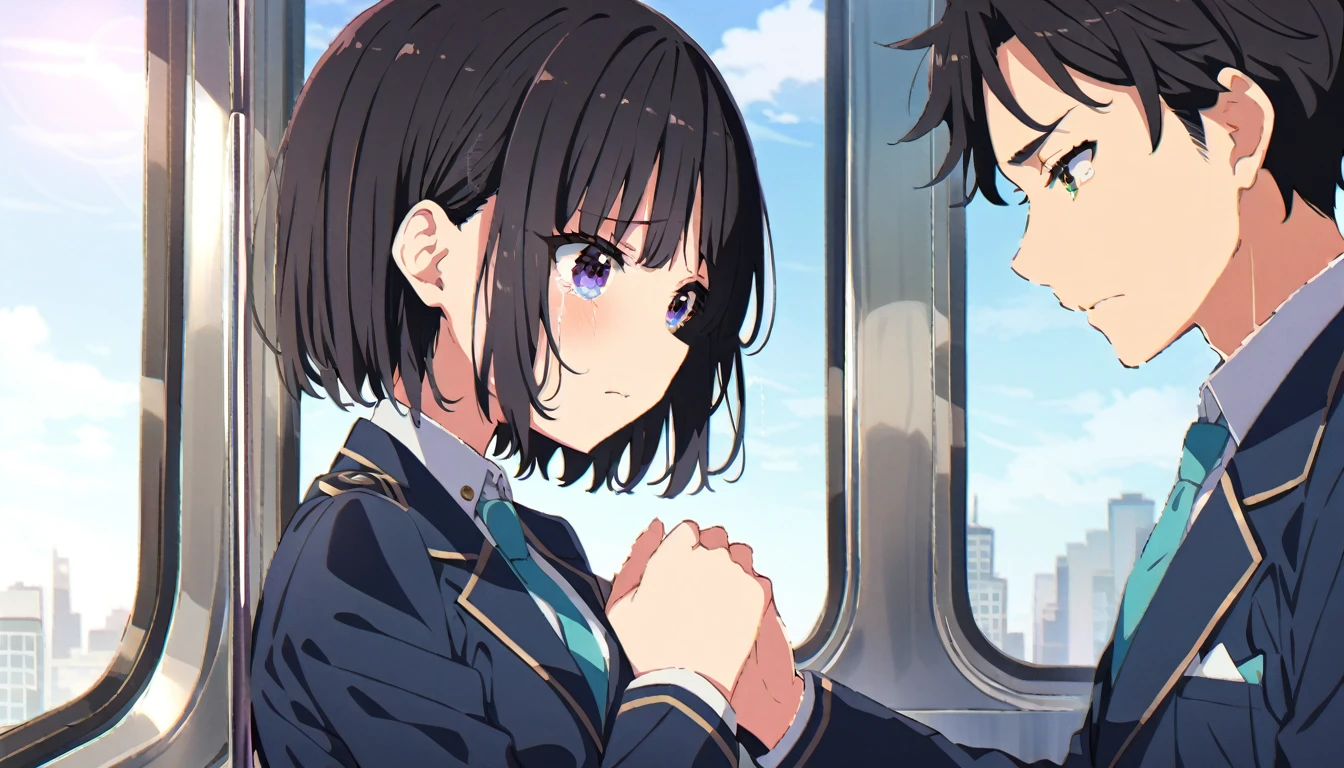 A middle-aged molester is groping the breasts of a crying girl with short black hair and small breasts, wearing a blazer and uniform, who is standing upright on the train.