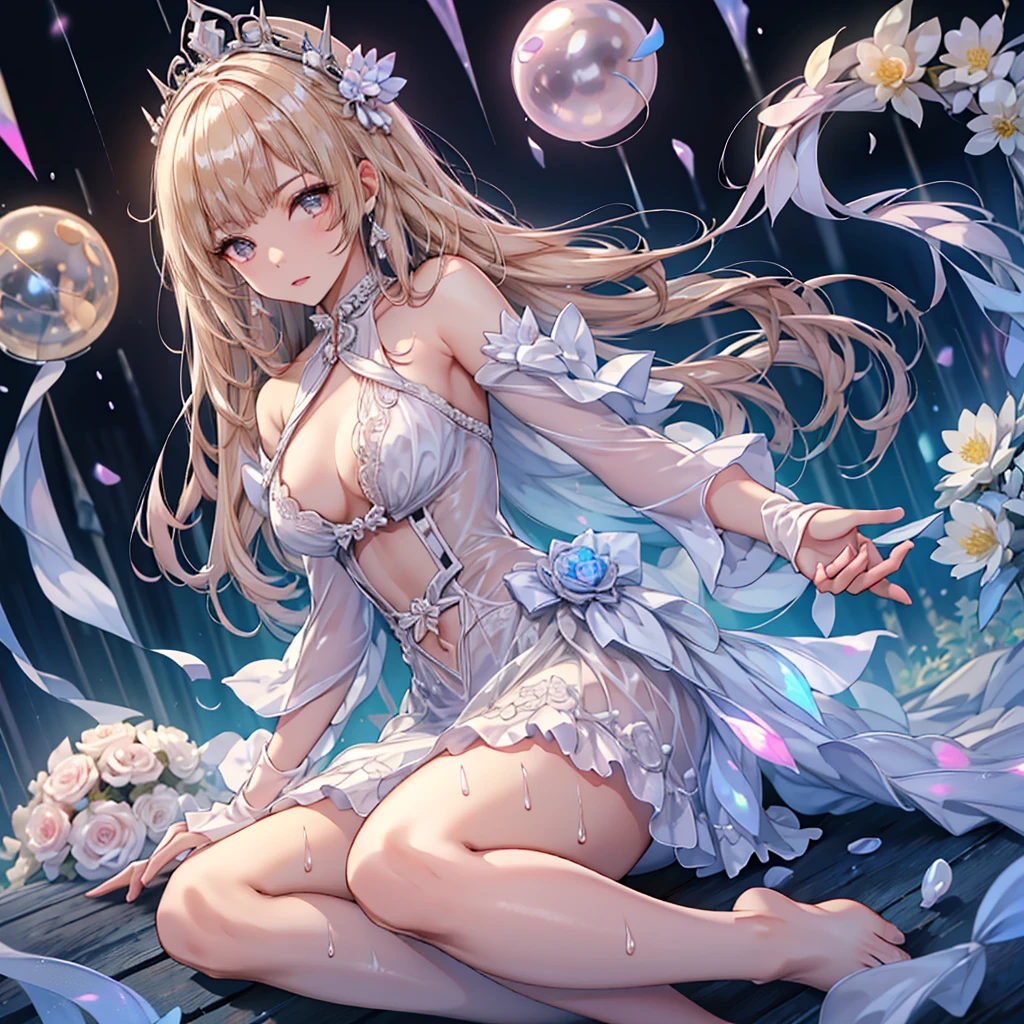Pearl blonde hyper long hair,Full body depiction on screen, The body is constricted by very small and tight clothes,super small and tight clothes,Full body depiction on screen,Very detailed embroidery sewn into the chest area,The shoulders of the jacket are bulging, Translucent costume Tiara in bangs Wet lips adult Reality Mucus is stringy Canopy Bed Background Blush cheeks with embarrassment Wet and transparent pearl white long gloves A wet and transparent pearl white long skirt She is wearing a wet, transparent pearl white high-neck wedding dress. Wearing pantyhose See-through See-through Wet My whole body is wet from the rain 全てWet とても大きな胸部 Very distended chest Very large chest swelling Two very large bulges on his chest The whole body fits on the screen Blushed cheeks Small Mouth Sweaty skin Rain-soaked skin Clothes stick tightly to the skin Clothes that are wet and transparent from the rain 衣服が汗で濡れてSee-through Glossy skin Clothing has a rubbery sheen A very dark room in the middle of the night Baby Face clear Can憐 beautiful girl sitting on hot pink rubber bed A lot of ribbons are sewn into the clothes 濡れて透けたラバーパールホワイトSee-throughハイネックロングお姫様ドレス Can Wet and transparent rubber pearl white full bodysuit Angry expression rage ,Shocking Pink Rouge,Closed lips,Hands on knees,Jacket with puffy shoulders,closed dmouth,