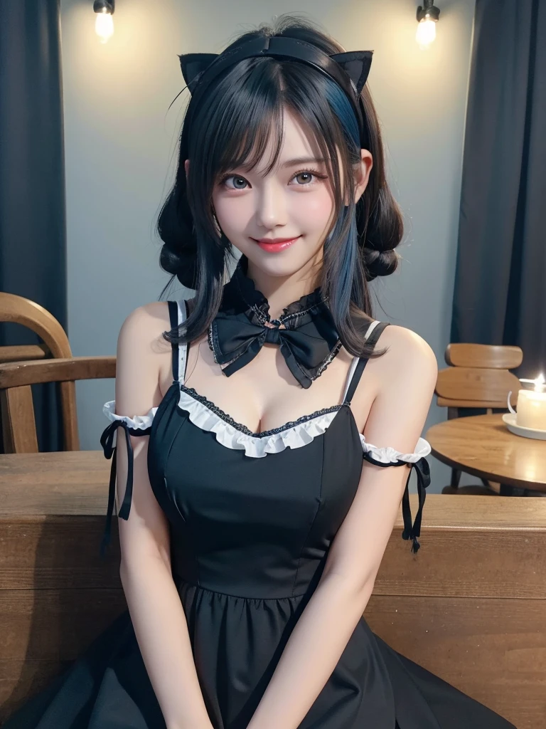 Masterpiece, best quality, cat ear, 1girl,light Blue hair,cowboy shot,black headband,black dress, curly low twin tail hair,light smile, clothing heart shaped cutout,