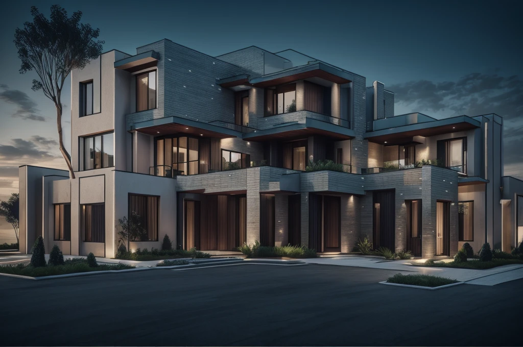photorealistic,modern house,facade,modern,512k,high detailed,phot real, award winning, large glass window on the right side, wooden planks stacks on the upper floor on the left side, grass,plants,trees,evening,interior lights,((red brick architecture façade))