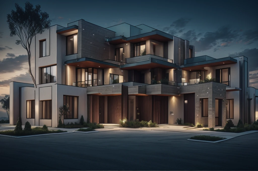 photorealistic,modern house,facade,modern,512k,high detailed,phot real, award winning, large glass window on the right side, wooden planks stacks on the upper floor on the left side, grass,plants,trees,evening,interior lights,((red brick architecture façade))

