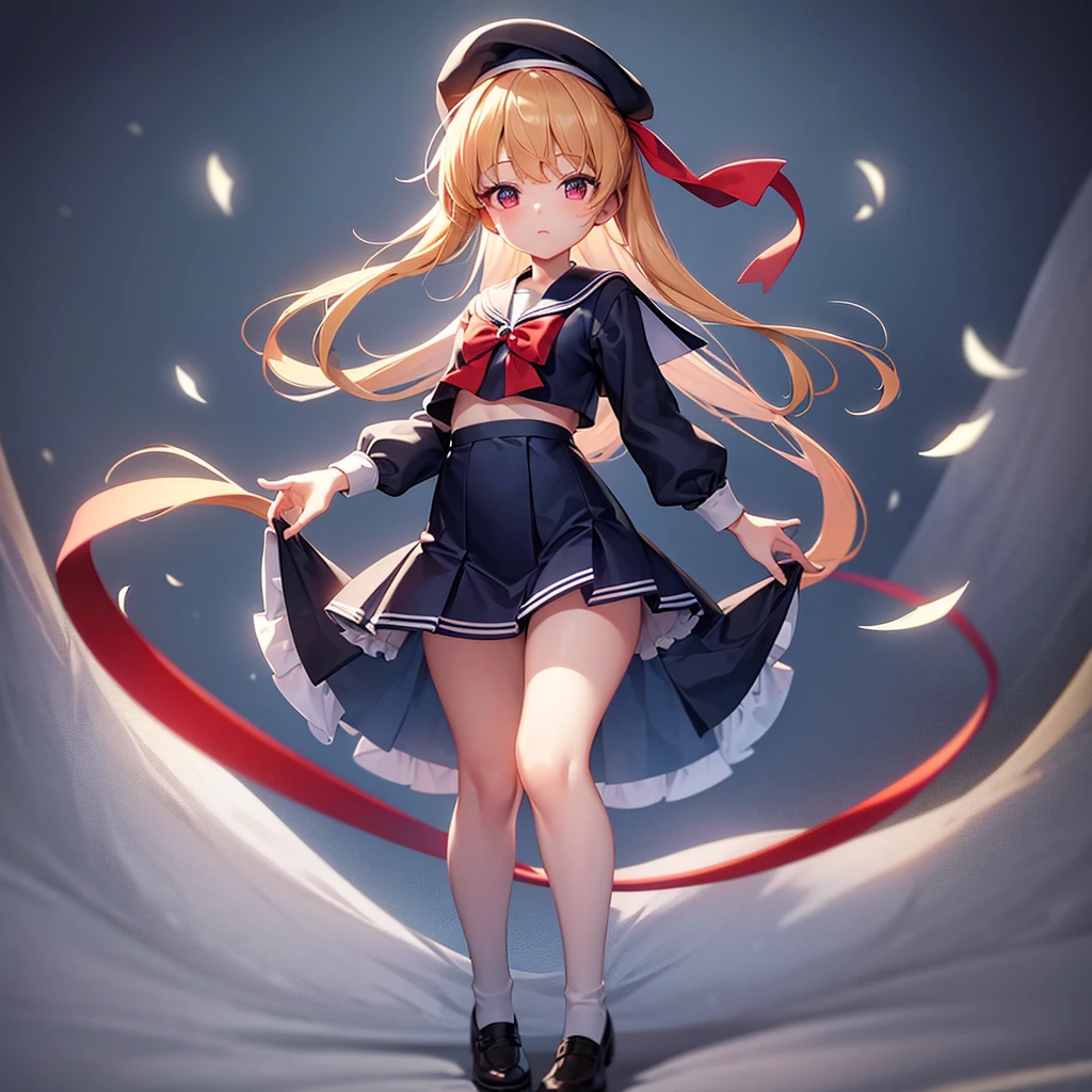 ((Sailor suit)),Big red ribbon,(Navy Mini Skirt),beret,Cute little ,Tiny Lori,Small girl,,Childish face, Very fine clean face,Top quality, Big eyes,Straight Hair,Yellow hair,Crimson Eye,(Dark Room), Subtle light, Natural light,Soft lighting,Light from directly behind, (Are standing), Cute pose, Open your hands, Showing the whole body,Front view,Black background