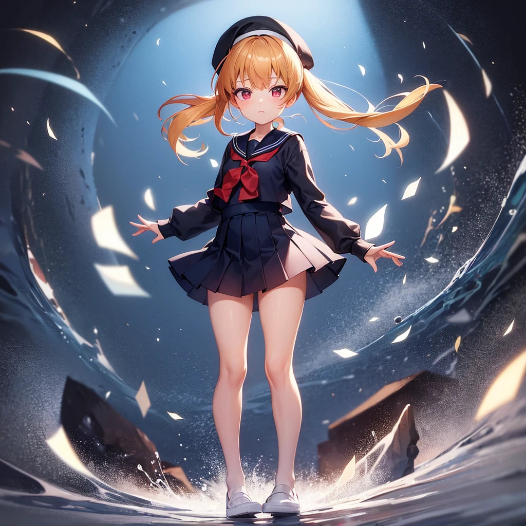 ((Sailor suit)),Big red ribbon,(Navy Mini Skirt),beret,Cute little loli,Tiny Lori,Small girl,,Childish face, Very fine clean face,Top quality, Big eyes,Straight Hair,Yellow hair,Crimson Eye,(Dark Room), Subtle light, Natural light,Soft lighting,Light from directly behind, (Are standing), Cute pose, Open your hands, Showing the whole body,Front view,Black background