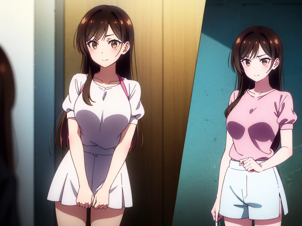 mizuharachizuru, chizuru ichinose, long hair, bangs, brown hair, (brown eyes:1.5), one side up, smile, (clonealike:2), 5+girls, multiple identical girls, large breasts,
BREAK skirt, shirt, short sleeves, puffy sleeves, puffy short sleeves, white skirt, pink shirt, white short socks, brown shorts shoes,
BREAK indoors, boutique outlet shop, crowd, girls,
BREAK reviewing bikini swimsuit clothes sales at the rack, (cowboy shot:1.5),
BREAK (masterpiece:1.2), best quality, high resolution, unity 8k wallpaper, (illustration:0.8), (beautiful detailed eyes:1.6), extremely detailed face, perfect lighting, extremely detailed CG, (perfect hands, perfect anatomy), seductive appearance and posture, full body