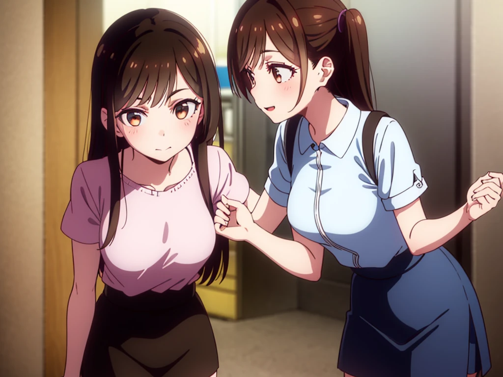 mizuharachizuru, chizuru ichinose, long hair, bangs, brown hair, (brown eyes:1.5), one side up, smile, (clonealike:2), 5+girls, multiple identical girls, large breasts, 
BREAK skirt, shirt, short sleeves, puffy sleeves, puffy short sleeves, white skirt, pink shirt, white short socks, brown shorts shoes, 
BREAK indoors, boutique outlet shop, crowd, girls,
BREAK reviewing bikini swimsuit clothes sales at the rack, (cowboy shot:1.5),
BREAK (masterpiece:1.2), best quality, high resolution, unity 8k wallpaper, (illustration:0.8), (beautiful detailed eyes:1.6), extremely detailed face, perfect lighting, extremely detailed CG, (perfect hands, perfect anatomy), seductive appearance and posture, full body 