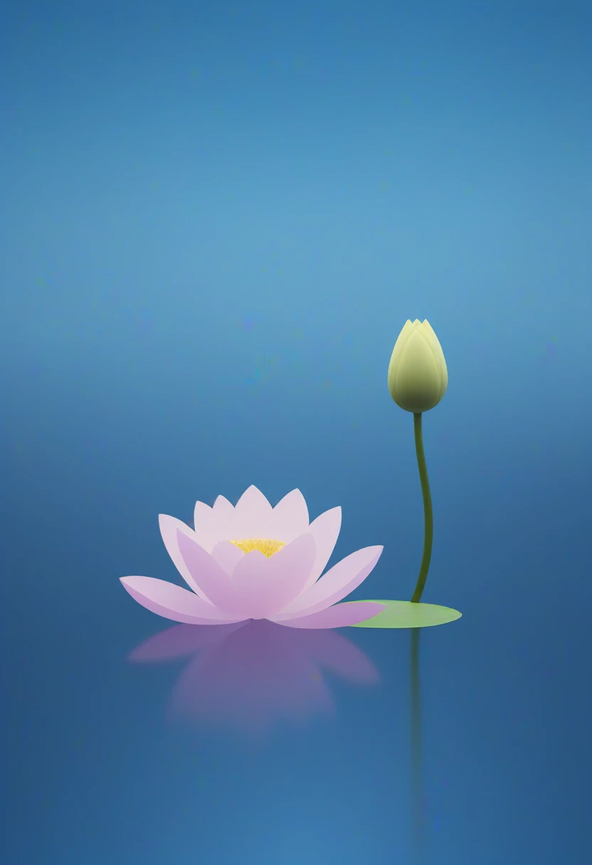 a tranquil lake with a blue gradient, a central blooming lotus surrounded by clear water, Saint Lotus Island, purity, beauty, spirituality, simple lines, elegant form, best quality, 8k, highres, masterpiece, ultra-detailed, realistic, photorealistic, HDR, UHD, studio lighting, ultra-fine painting, sharp focus, physically-based rendering, extreme detail description, professional, vivid colors, bokeh