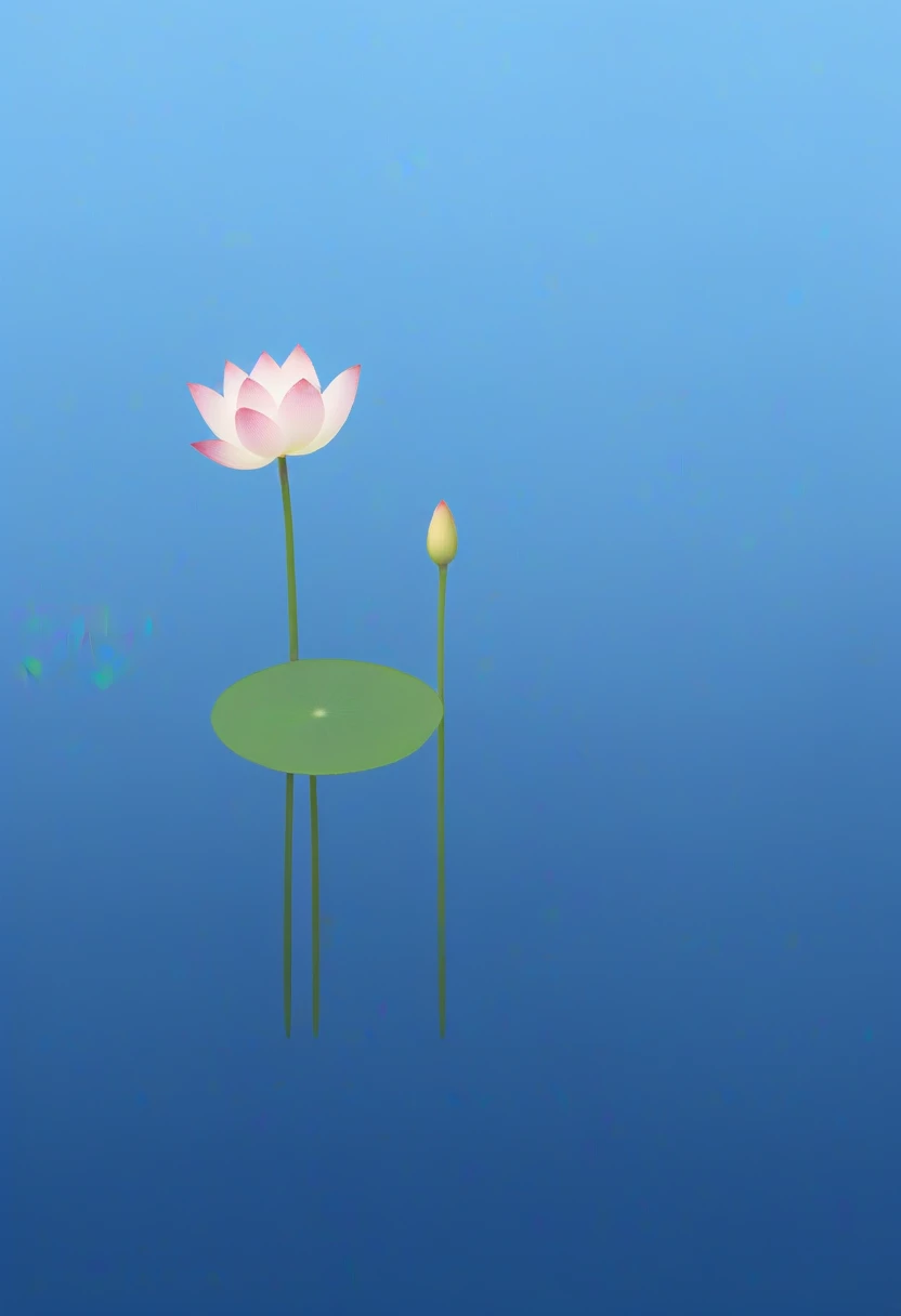 a tranquil lake with a blue gradient, a central blooming lotus surrounded by clear water, Saint Lotus Island, purity, beauty, spirituality, simple lines, elegant form, best quality, 8k, highres, masterpiece, ultra-detailed, realistic, photorealistic, HDR, UHD, studio lighting, ultra-fine painting, sharp focus, physically-based rendering, extreme detail description, professional, vivid colors, bokeh