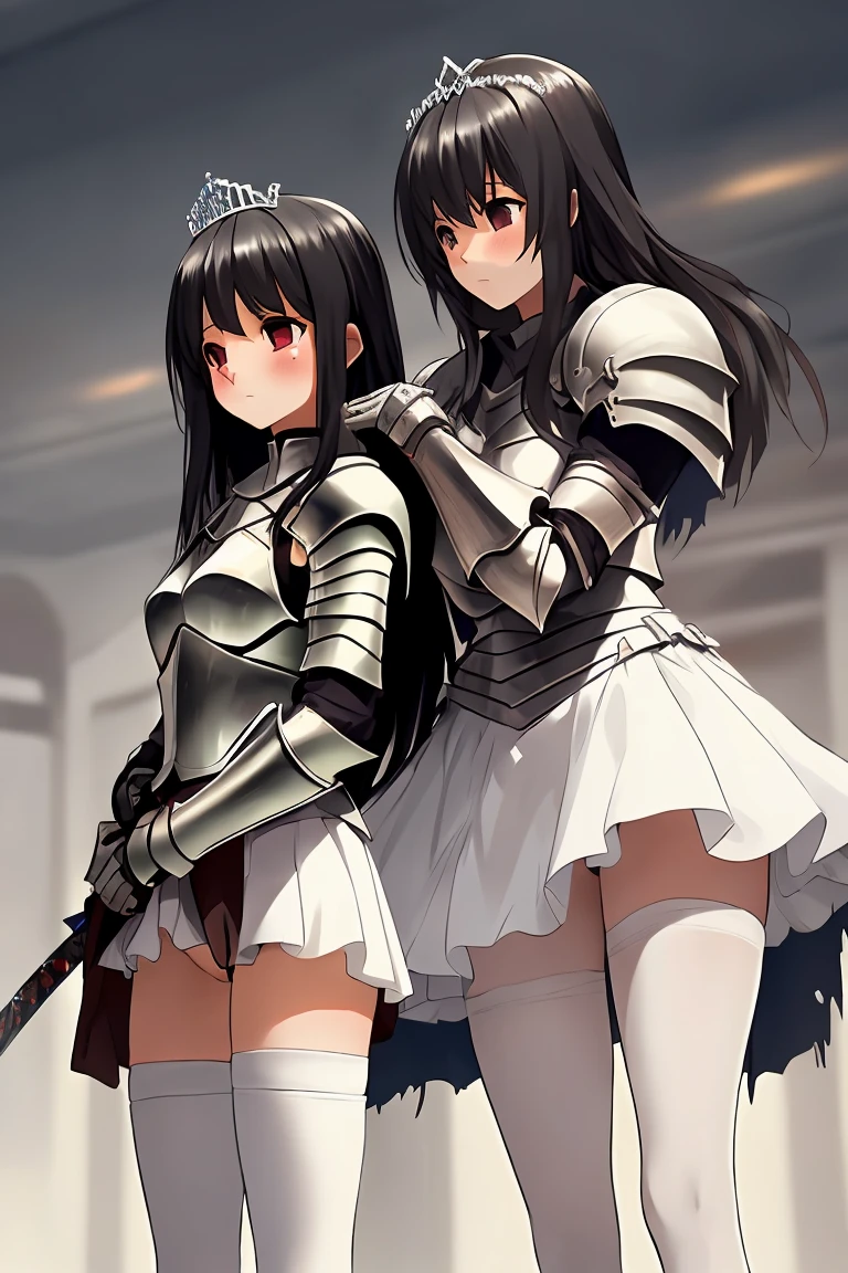 Sisters Height difference female knight armor Black Hair tiara Shortcuts sword Torn white skirt Torn white tights White panties Holding back tears battlefield