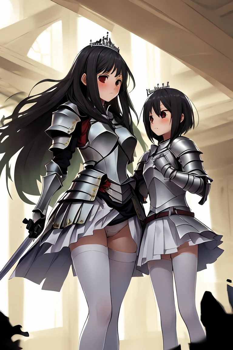 Sisters　Height difference　female knight　armor　Black Hair　tiara　Shortcuts　sword　Torn white skirt　Torn white tights　White panties　Holding back tears　battlefield