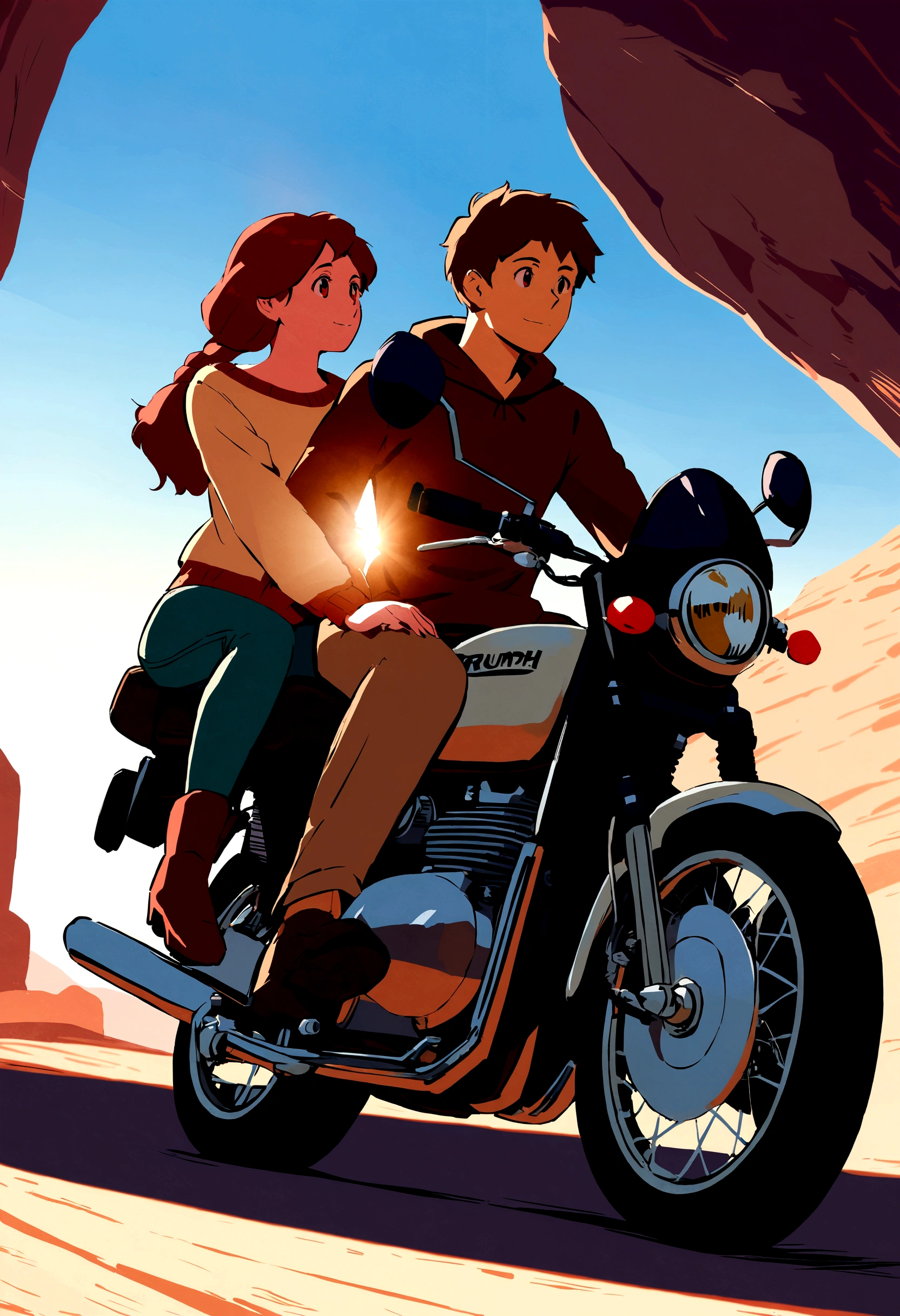 Ghibli studio style, a couple in love traveling around the globe on the Triumph motorbike. lovely couple. around the globe. a young couple. around the world. side view. riding on motorbike. countryside background, driving through the countryside.