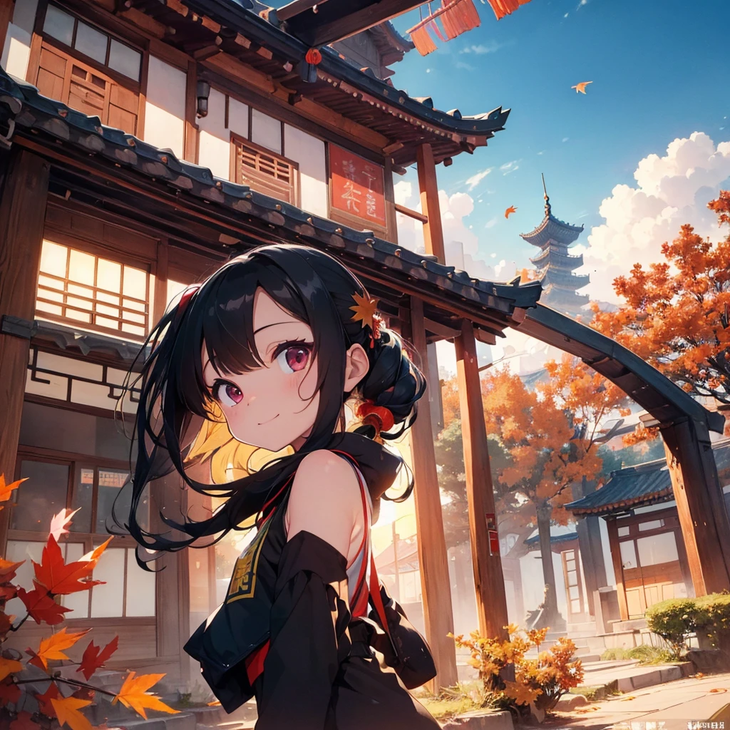 (masterpiece, best quality: 1.2), Shumuzuma, negative space, Ink Bismuth, ink painting, Colorful, traditional Chinese, Mountain, trees, (Smile), looking at the audience, saturation, bright colors, neon,(Chinese landscape), (it is, amy saul style), (autumn, autumn leaves, fallen leaves, Sunset, architecture), cover art with light Abstraction, Abstract, Simple vector art, Chinese contemporary art,Cantonese culture,Chinese architecture, Color gradient, pastel color palette, layered form, whimsical animation, style Ethereal Abstract, 4K, --v6,Ultra-high-detail CG images