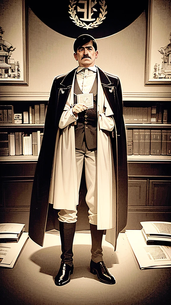 A striking cinematic illustration of Adolf Hitler, dictator of  Germany from 1934 to 1945. He is depicted as a sinister and powerful figure, standing in front of a large, ornate desk with a German flag in the background. The desk is covered in documents and maps, and a single candle casts an eerie light. The atmosphere is tense and foreboding, with an air of historical importance and the weight of millions of lives hanging in the balance