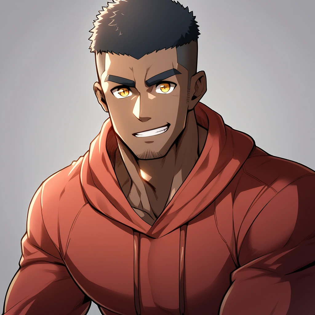 anime characters:Gyee, Young Muscle Sports Teacher, negro black skin, Buzz Cut, Manliness, male focus, Dark red long-sleeved hooded sweatshirt, Very tight, muscular male, muscular, only, Upper body, alone, Black short hair, Thick eyebrows, stubble, Yellow eyes, Grey background, simple background, amazing quality, best aesthetics, Ridiculous, bright pupils, crew cut, parted lips, seductive smile, torogao, naughty face, best quality