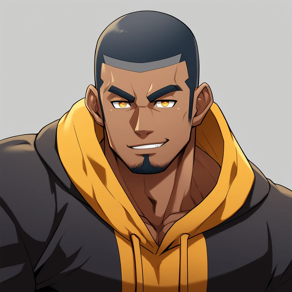 anime characters:Gyee, Young Muscle Sports Teacher, negro black skin, Buzz Cut, Manliness, male focus, Dark red long-sleeved hooded sweatshirt, Very tight, muscular male, muscular, only, Upper body, alone, Black short hair, Thick eyebrows, stubble, Yellow eyes, Grey background, simple background, amazing quality, best aesthetics, Ridiculous, bright pupils, crew cut, parted lips, seductive smile, torogao, naughty face, best quality