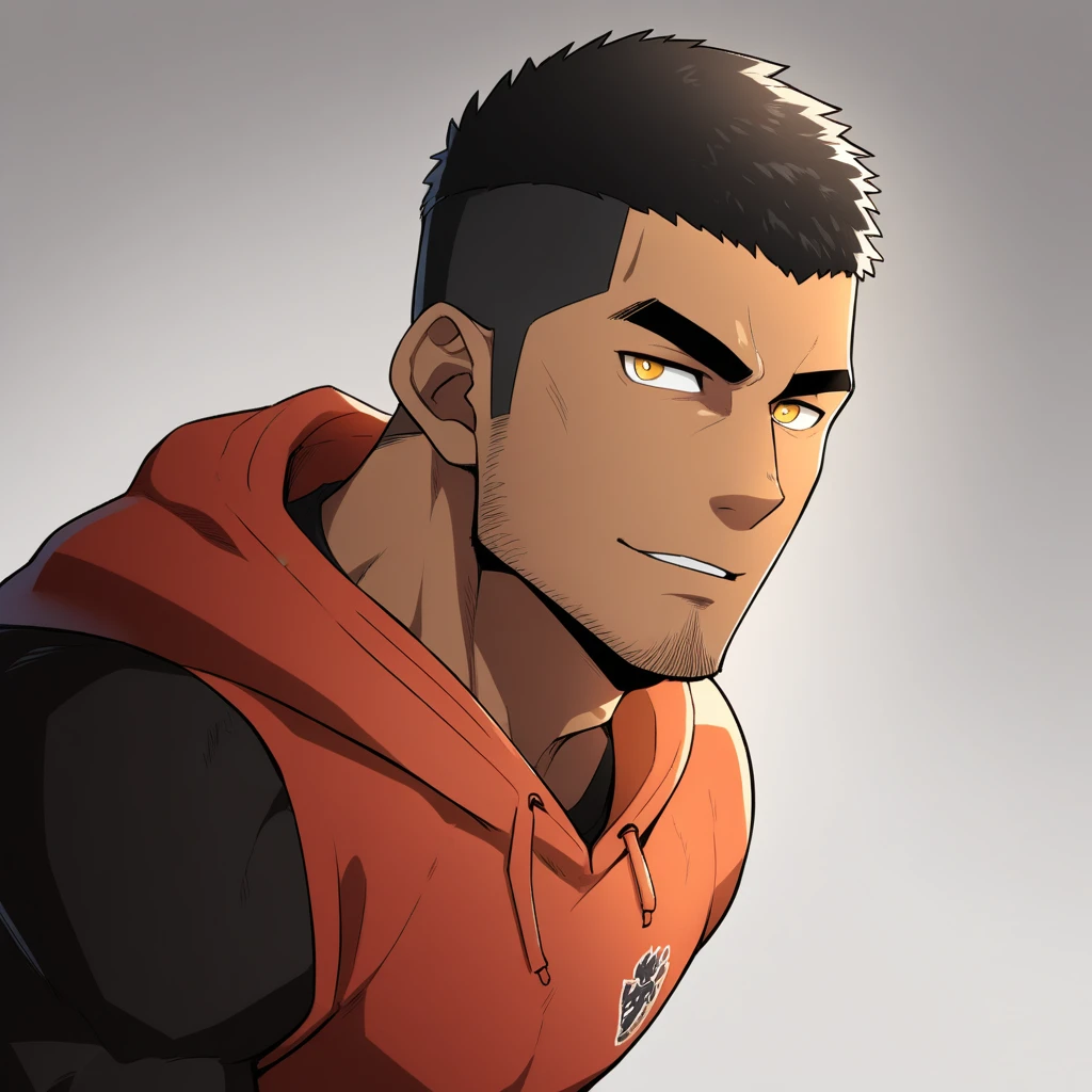 anime characters：Gyee, Young Muscle Sports Teacher, negro black skin, Buzz Cut, Manliness, male focus, Dark red long-sleeved hooded sweatshirt, Very tight, muscular male, muscular, only, Upper body, alone, Black short hair, Thick eyebrows, stubble, Yellow eyes, Grey background, simple background, amazing quality, best aesthetics, Ridiculous, bright pupils, crew cut, parted lips, seductive smile, torogao, naughty face, best quality