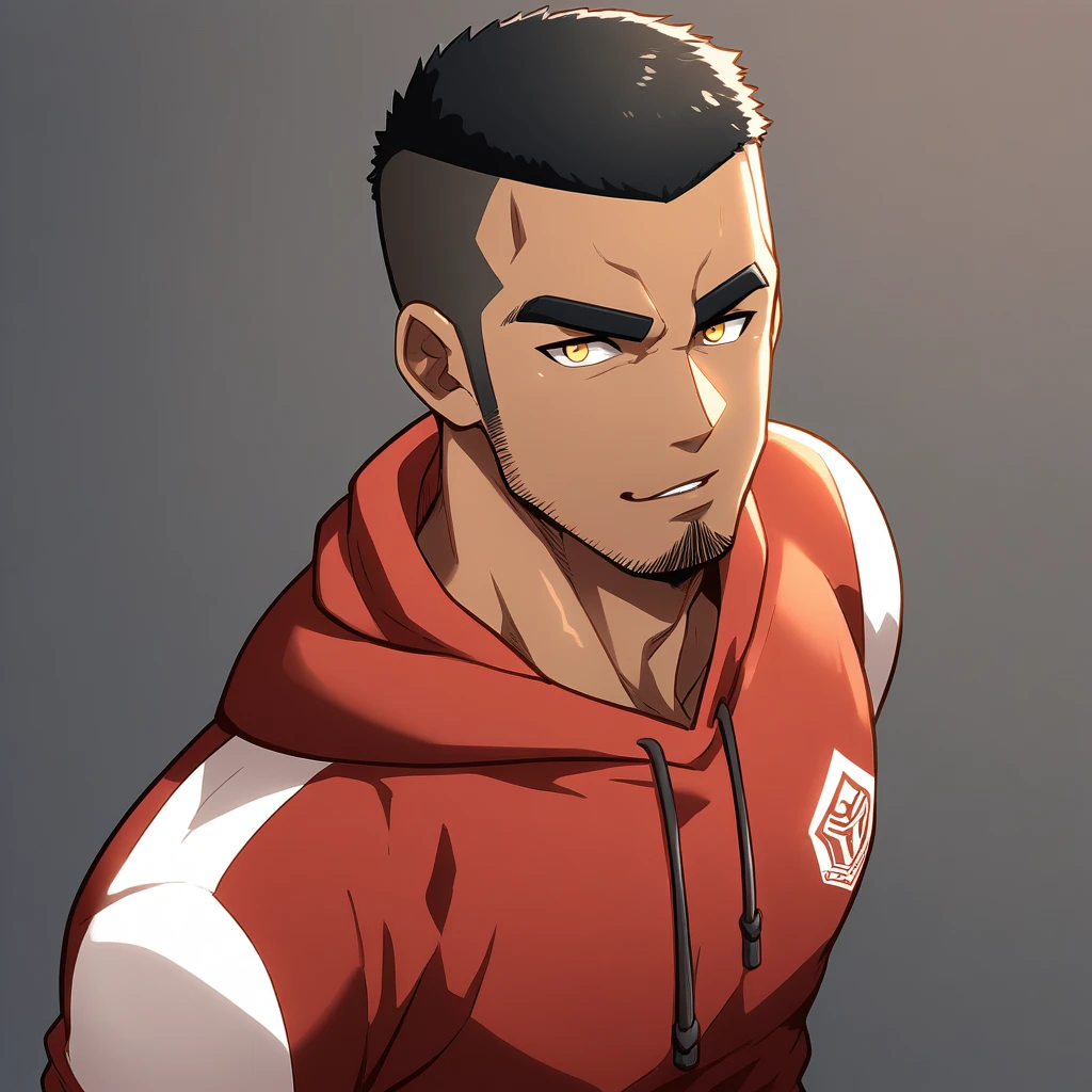 anime characters：Gyee, Young Muscle Sports Teacher, negro black skin, Buzz Cut, Manliness, male focus, Dark red long-sleeved hooded sweatshirt, Very tight, muscular male, muscular, only, Upper body, alone, Black short hair, Thick eyebrows, stubble, Yellow eyes, Grey background, simple background, amazing quality, best aesthetics, Ridiculous, bright pupils, crew cut, parted lips, seductive smile, torogao, naughty face, best quality