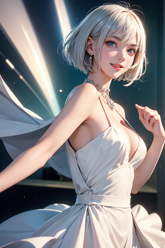 Perfect human body modeling, 1girl, beautiful girl, cute girl and idol face, young face, smile, white skin, short hair, bob cut hair, silver hair, ahoge, shiny hair, shiny skin green eyes, beautiful eyes, medium breasts, ight particles, light sparkles, lens flare, Light particles, Magic light, strong light, gorgeous dress, Princess Dresses, loud laughter, A young lady mocks those of low status