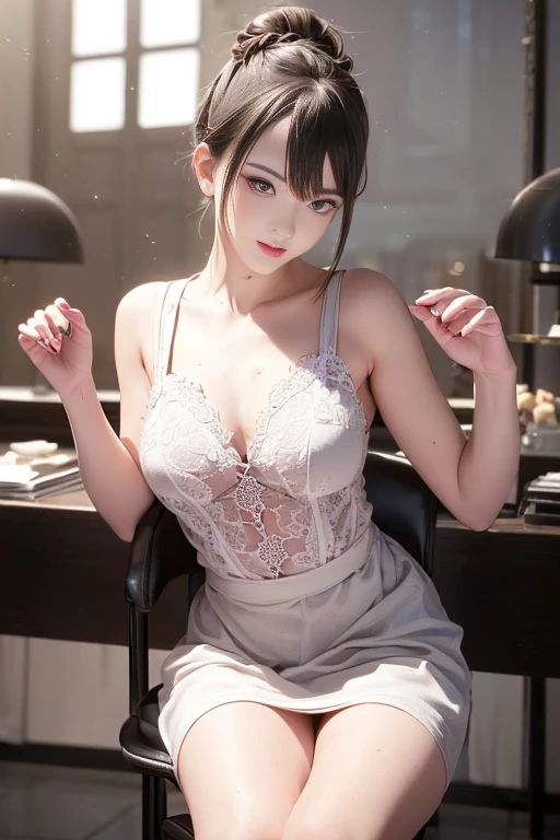 (A masterpiece of image quality in 8K),(from below:1.2),(Beautiful Allafed Woman),(((emphasizing breasts:1.0))),(Dynamic angles),(Dynamic and sexy bending pose:1.3),(sit a chair:1.3),(Short hair in shiny silver and orange inner colors,(perky chest:1.1), (pointed chest:1.3),small full breasts,Disturbance of clothing due to movement,breast slip,(Ponytail twisted buns adorned with elaborate braids and beads,Braided Setup Fishbone Hair,),(see-through bangs),small breasts、(((A white lace apron that shows your bare skin from under your small breasts)))、Blush with embarrassment、Enraptured eyes、A smile that beguiles the viewer、(Look back:1.2)、Look into the photographer,skin glistening with sweat,gazing at viewer,,(Professional Lighting),(8K,masutepiece,top-quality,Ultra-high resolution output image,),(Ultra HD with complex detail image modes),depth of fields,Beautiful hands,Beautiful fingers,Detailed finger features,(Detailed hair features:1.7),detailed facial features,detailed clothes features,