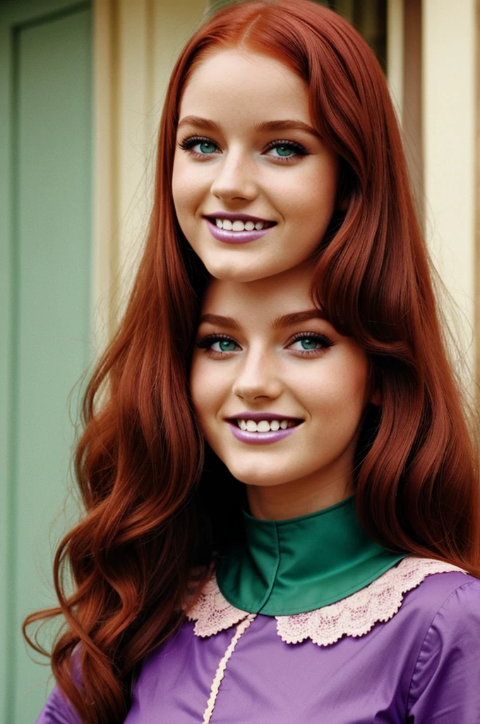 Girl in the early 70s with Redhead, green eyes,braces and 70s  purple makeup