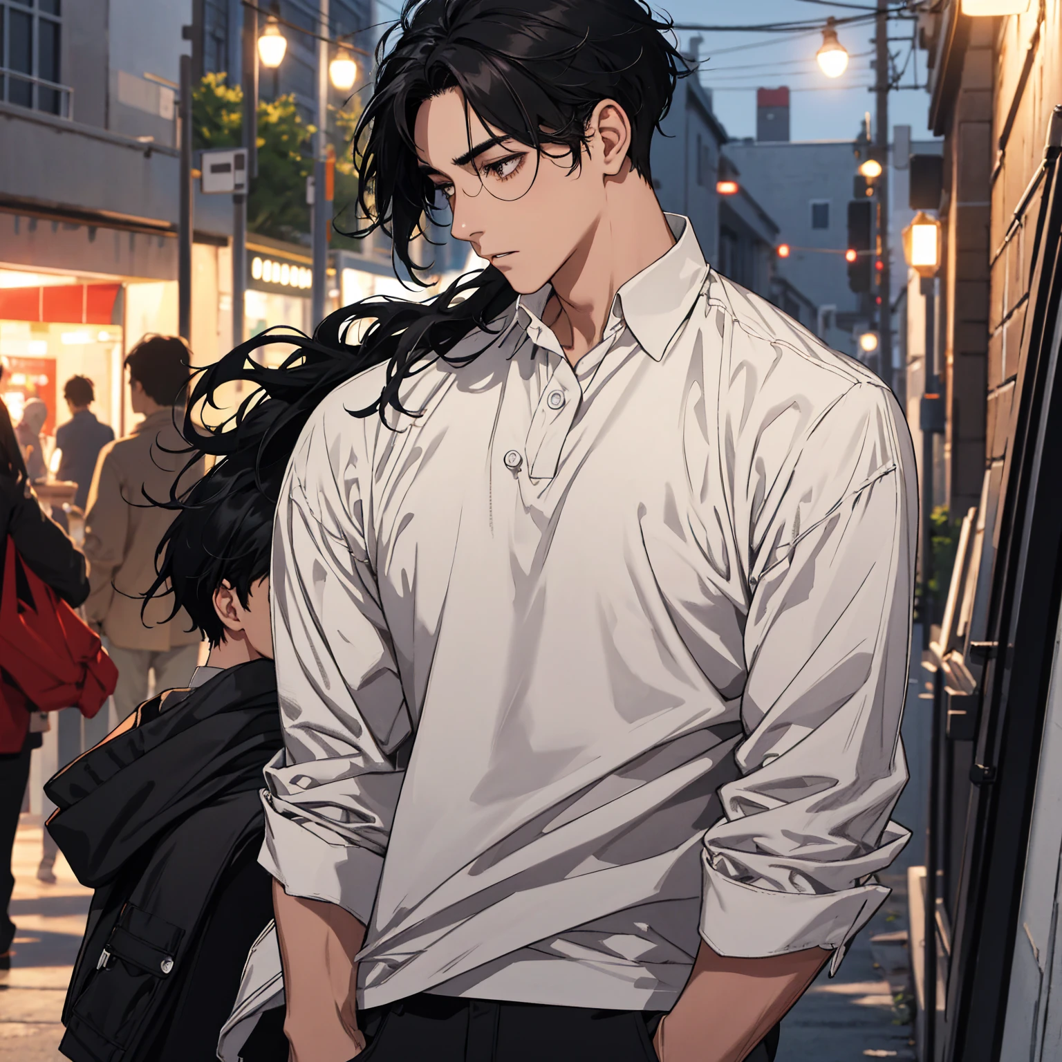 1 man night black hair medium hair young man
