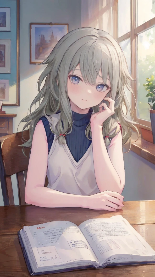 (masterpiece, Highest quality:1.6),Best image quality、Highest quality、Perfect lighting,masterpiece、Best image quality、Highest quality、smile、Show your hand, Put your elbows on the table, Slap in the face、Chest close-up, Sleeveless, Knitted sweater