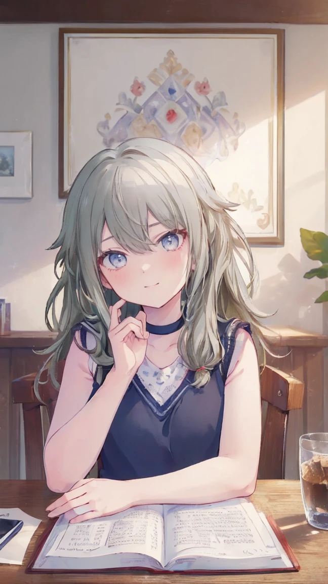(masterpiece, Highest quality:1.6),Best image quality、Highest quality、Perfect lighting,masterpiece、Best image quality、Highest quality、smile、Show your hand, Put your elbows on the table, Slap in the face、Chest close-up, Sleeveless, Knitted sweater
