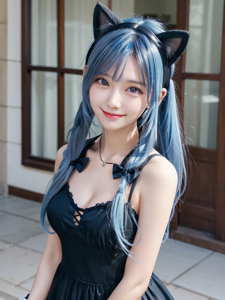 Masterpiece, best quality, cat ear, 1girl,light Blue hair,cowboy shot,black headband,black dress, curly low twin tail hair,light smile, clothing heart shaped cutout,