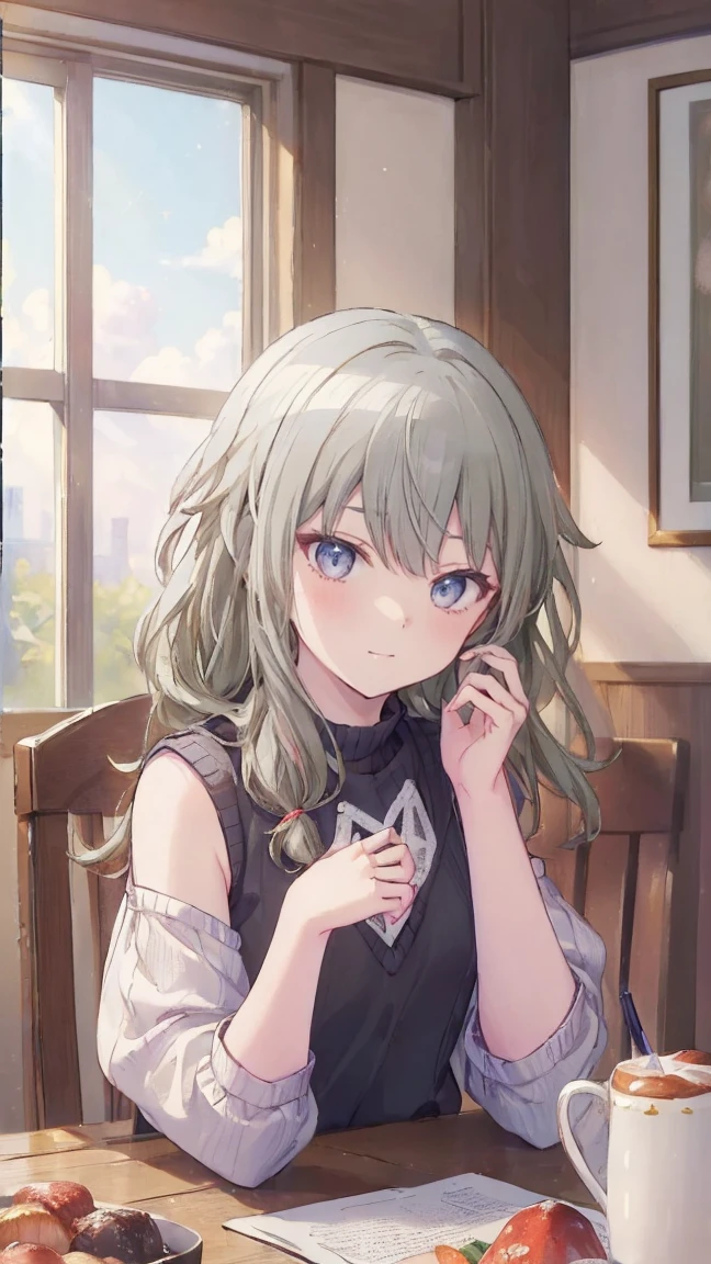 (masterpiece, Highest quality:1.6),Best image quality、Highest quality、Perfect lighting,masterpiece、Best image quality、Highest quality、smile、Show your hand, Put your elbows on the table, Slap in the face、Chest close-up, Sleeveless, Knitted sweater