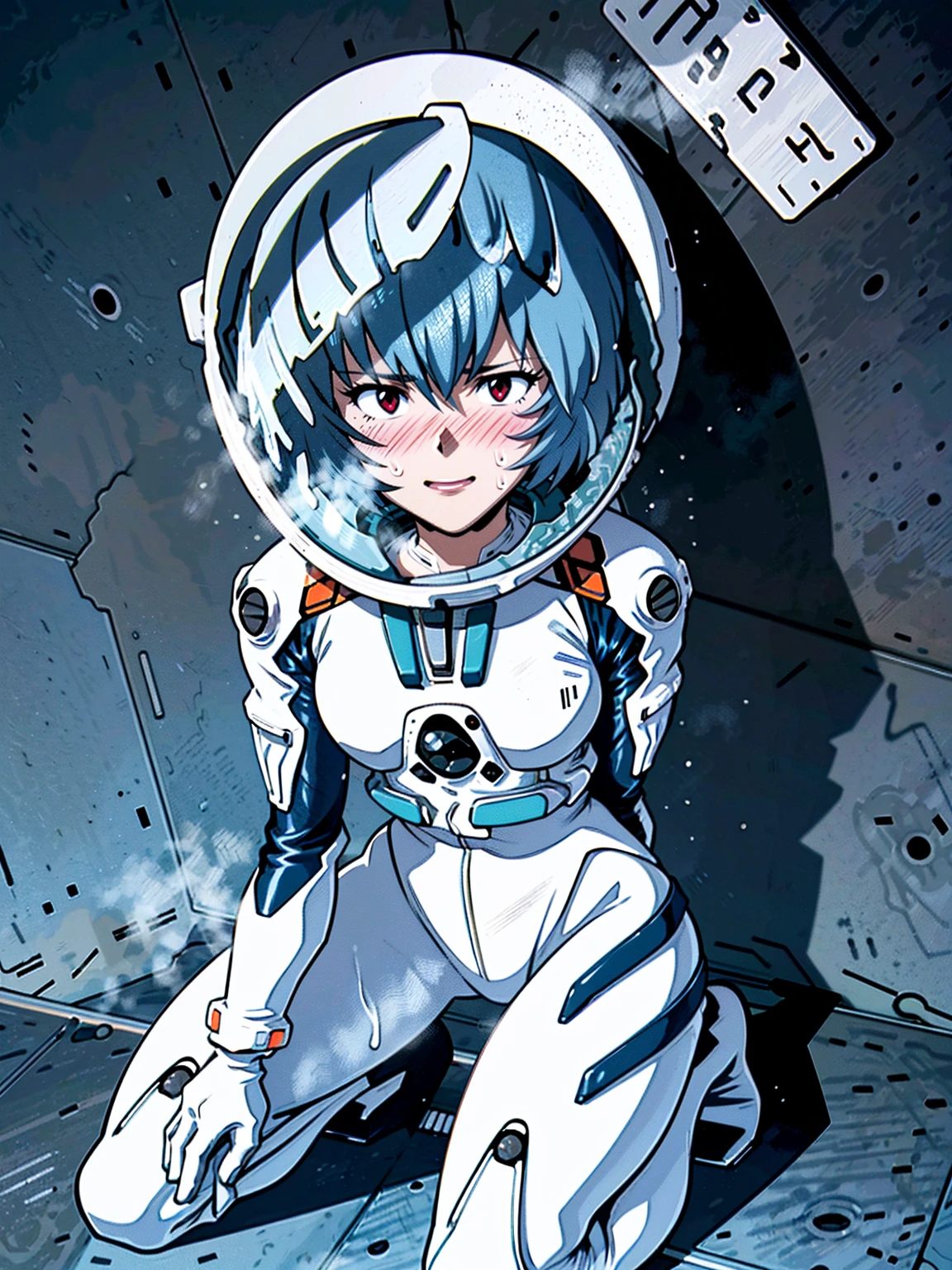 ((Highest quality, 8k wallpaper)),(masterpiece, Highest quality),Very detailed,High resolution,(Official Art:1.3),(((Anime screenshots,Black outline))),One girl,alone, Break mer1,(Rei Ayanami {Neon Genesis Evangelion,}1.2),masterpiece, best quality, outdoor, 1girl, Solo,red eyes,short hair,blue hair, (White plug suit:1.4), skin tight,(Tired look, A look of regret, Struggled, Half-closed eyes, fear, humiliation, Frightened, anxiety:1.3),(((Covered in sweat, Mass sweat, Sweating profusely,steam:1.7))), (kneeling, hands on floor:1.8), (Dirty Costume with mud,gym storeroom:1.5)(((sweat,Sweatdrop,flying Sweatdrops, sweating profusely,wet,wet clothes,wet hair,messy hair))),(((space helmet:1.4))),
