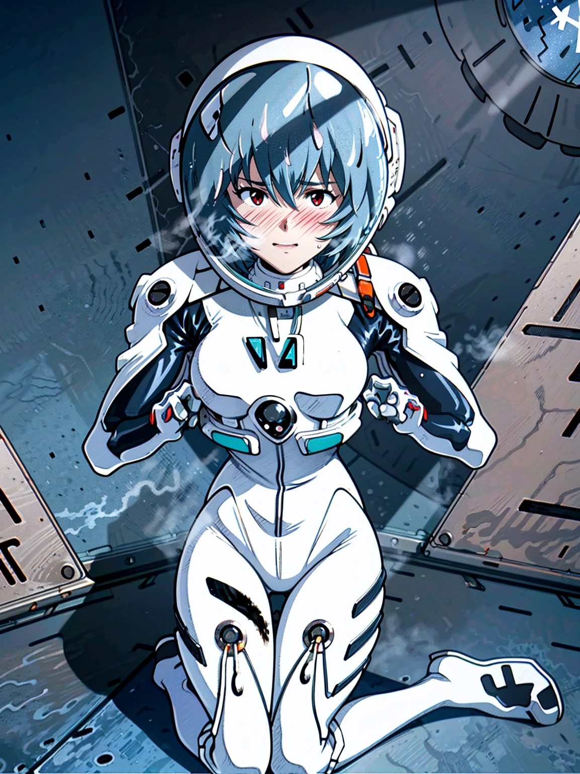 ((Highest quality, 8k wallpaper)),(masterpiece, Highest quality),Very detailed,High resolution,(Official Art:1.3),(((Anime screenshots,Black outline))),One girl,alone, Break mer1,(Rei Ayanami {Neon Genesis Evangelion,}1.2),masterpiece, best quality, outdoor, 1girl, Solo,red eyes,short hair,blue hair, (White plug suit:1.4), skin tight,(Tired look, A look of regret, Struggled, Half-closed eyes, fear, humiliation, Frightened, anxiety:1.3),(((Covered in sweat, Mass sweat, Sweating profusely,steam:1.7))), (kneeling, hands on floor:1.8), (Dirty Costume with mud,gym storeroom:1.5)(((sweat,Sweatdrop,flying Sweatdrops, sweating profusely,wet,wet clothes,wet hair,messy hair))),(((space helmet:1.4))),
