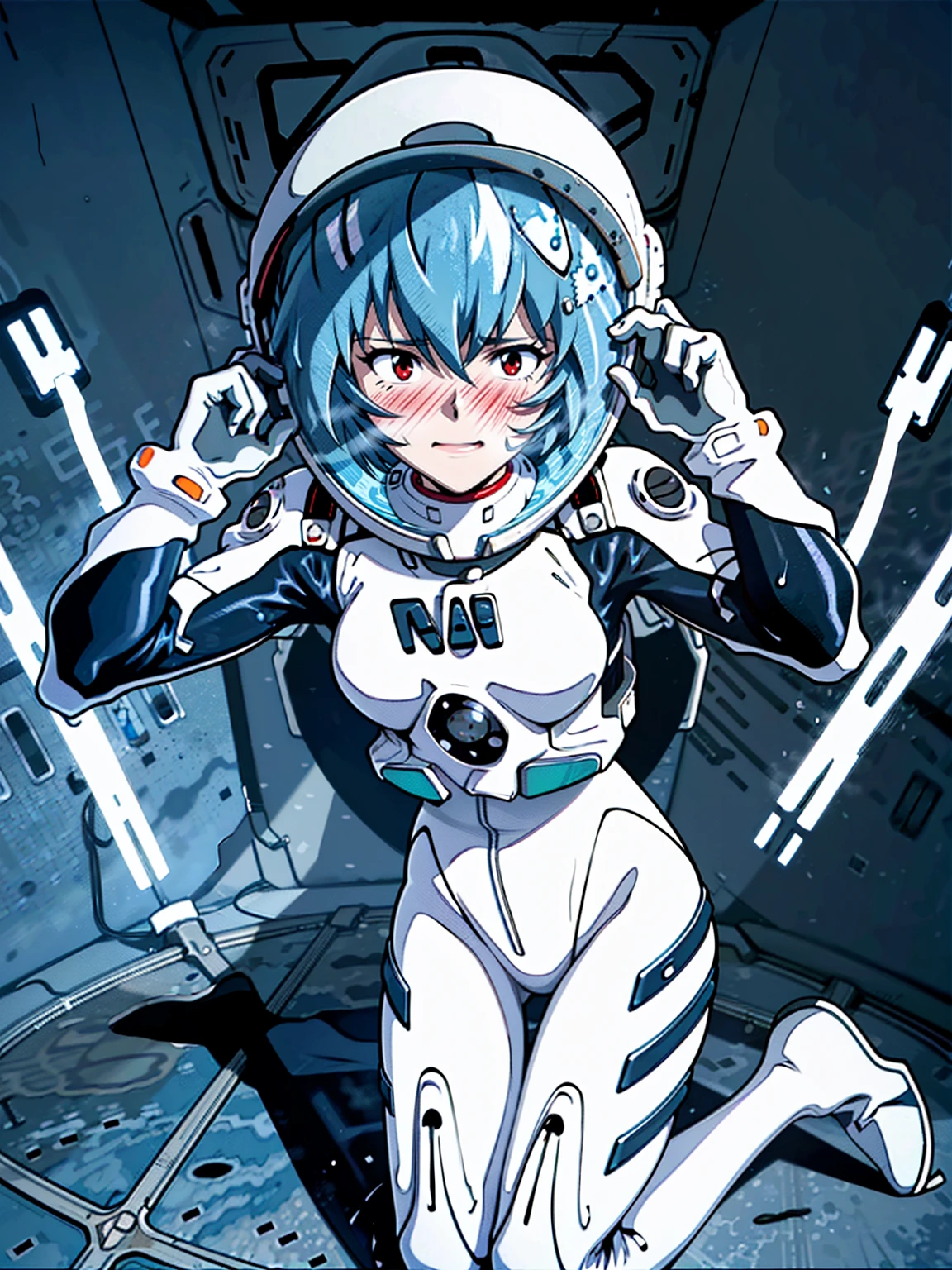 ((Highest quality, 8k wallpaper)),(masterpiece, Highest quality),Very detailed,High resolution,(Official Art:1.3),(((Anime screenshots,Black outline))),One girl,alone, Break mer1,(Rei Ayanami {Neon Genesis Evangelion,}1.2),masterpiece, best quality, outdoor, 1girl, Solo,red eyes,short hair,blue hair, (White plug suit:1.4), skin tight,(Tired look, A look of regret, Struggled, Half-closed eyes, fear, humiliation, Frightened, anxiety:1.3),(((Covered in sweat, Mass sweat, Sweating profusely,steam:1.7))), (kneeling, hands on floor:1.8), (Dirty Costume with mud,gym storeroom:1.5)(((sweat,Sweatdrop,flying Sweatdrops, sweating profusely,wet,wet clothes,wet hair,messy hair))),(((space helmet:1.4))),
