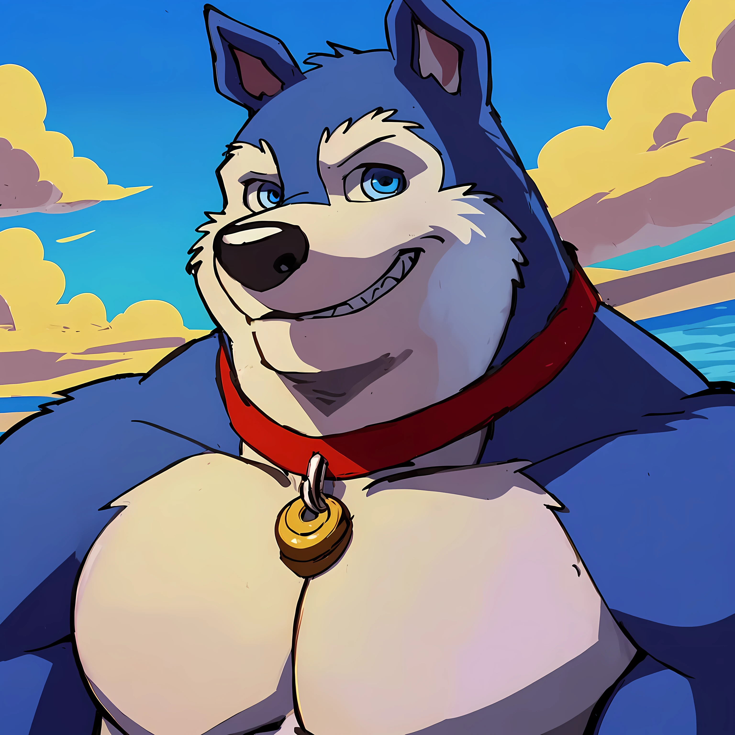 Exile (Road Rovers), blue fur, white fur, anthro, pointy ears, dog, solo, half body, muscular, pectorals, red dog collar, pet tag coin, smile, high quality, best resolution, cel shaded, (blue eyes, detailed eyes):1.1, shirtless, bare chest, beach background, looking at camera, by wfa, by rossciaco, by taran fiddler, grin